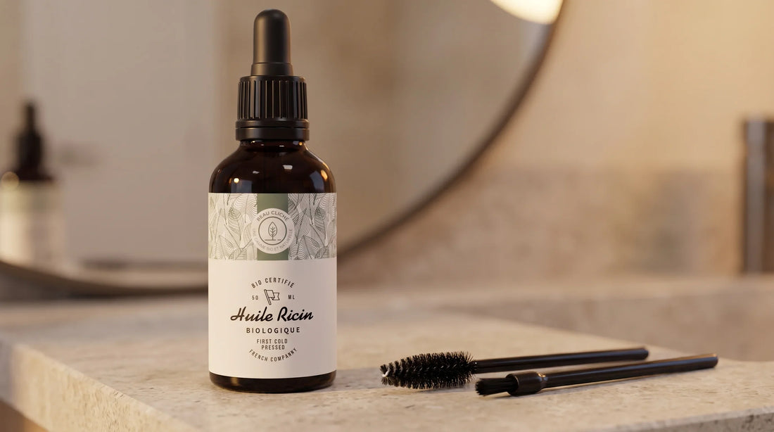 Castor oil for eyelashes and eyebrows with applicator wand and brush