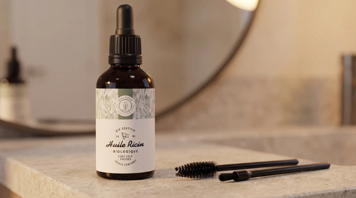 Castor oil for eyelashes and eyebrows with applicator wand and brush