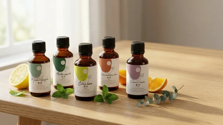 Bon Sens organic essential oil bottles on a wooden table