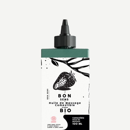 Huile de Massage Comestible Bio, Érotique, Sensuel - Goût Fraise
