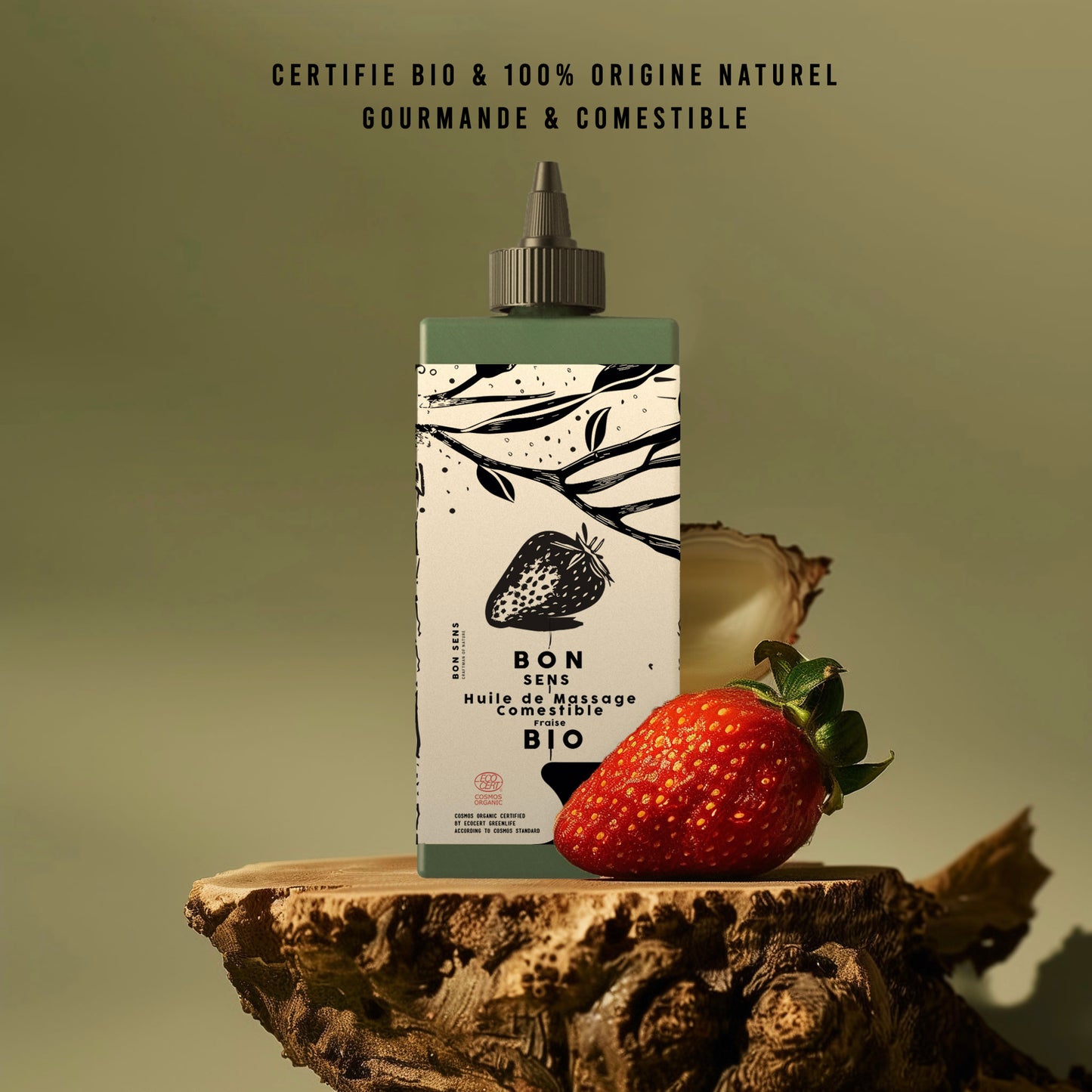 Huile de Massage Comestible Bio, Érotique, Sensuel - Goût Fraise