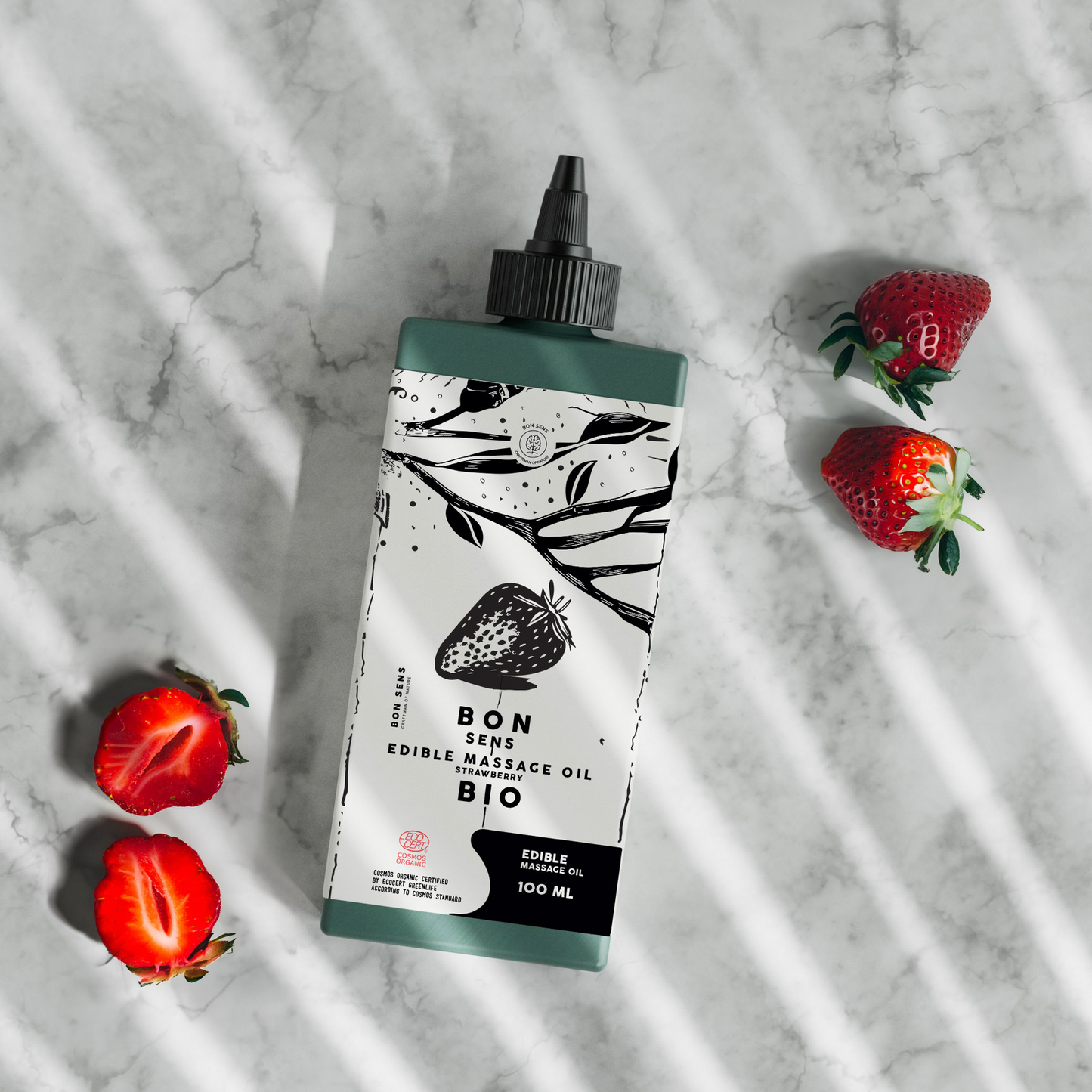 Huile de Massage Comestible Bio, Érotique, Sensuel - Goût Fraise