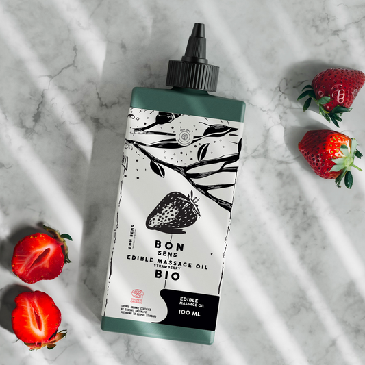 Huile de Massage Comestible Bio, Érotique, Sensuel - Goût Fraise